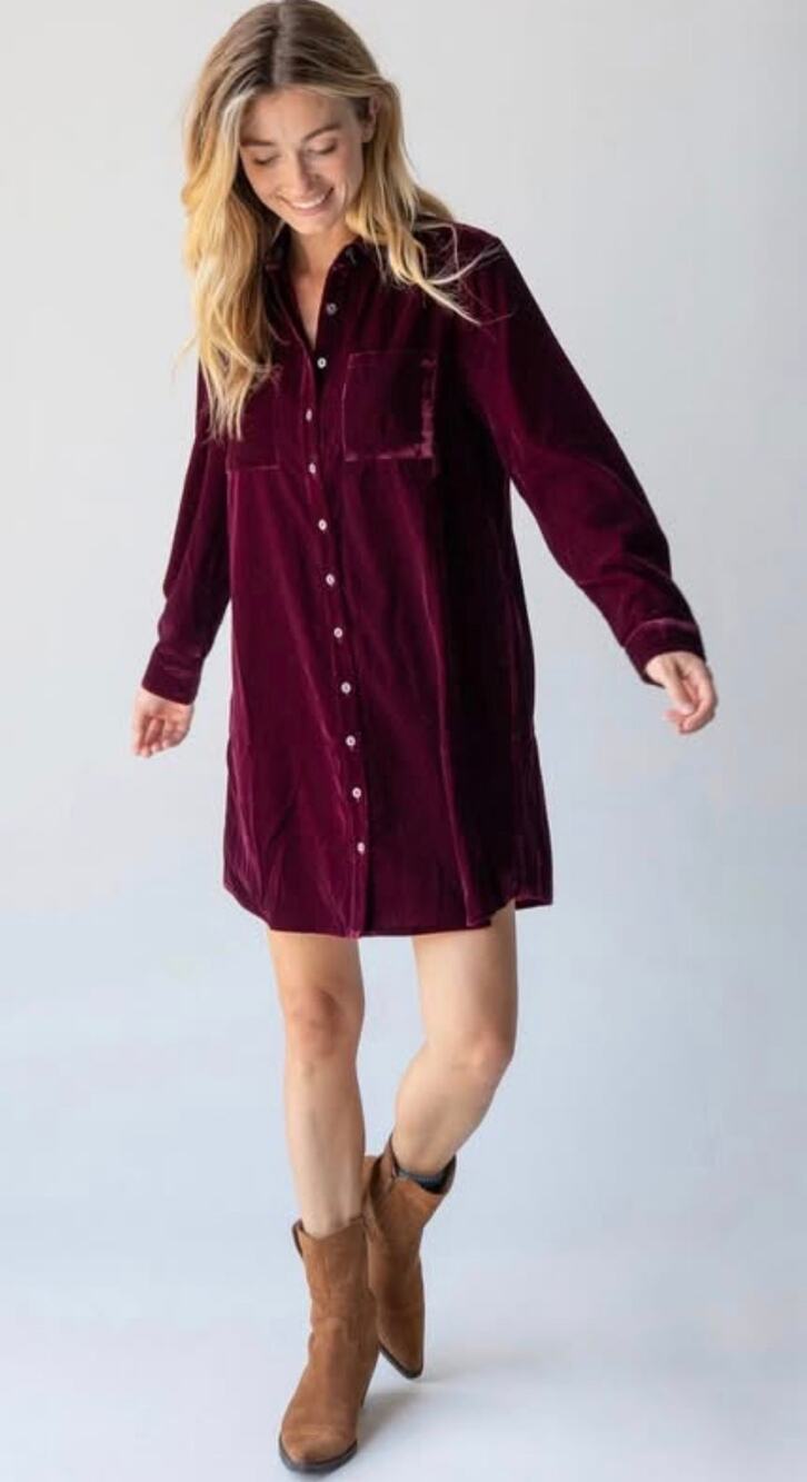 Naurual Life Rocky Velvet Button Front Shirt Dress Long Sleeve Cranberry M Boho